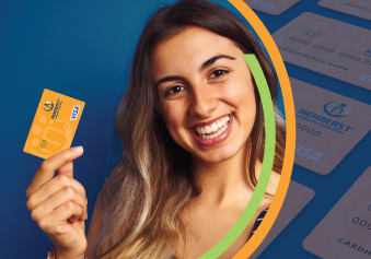 Image of woman holding an orange MEMBERS1st VISA Cashback Credit Card.